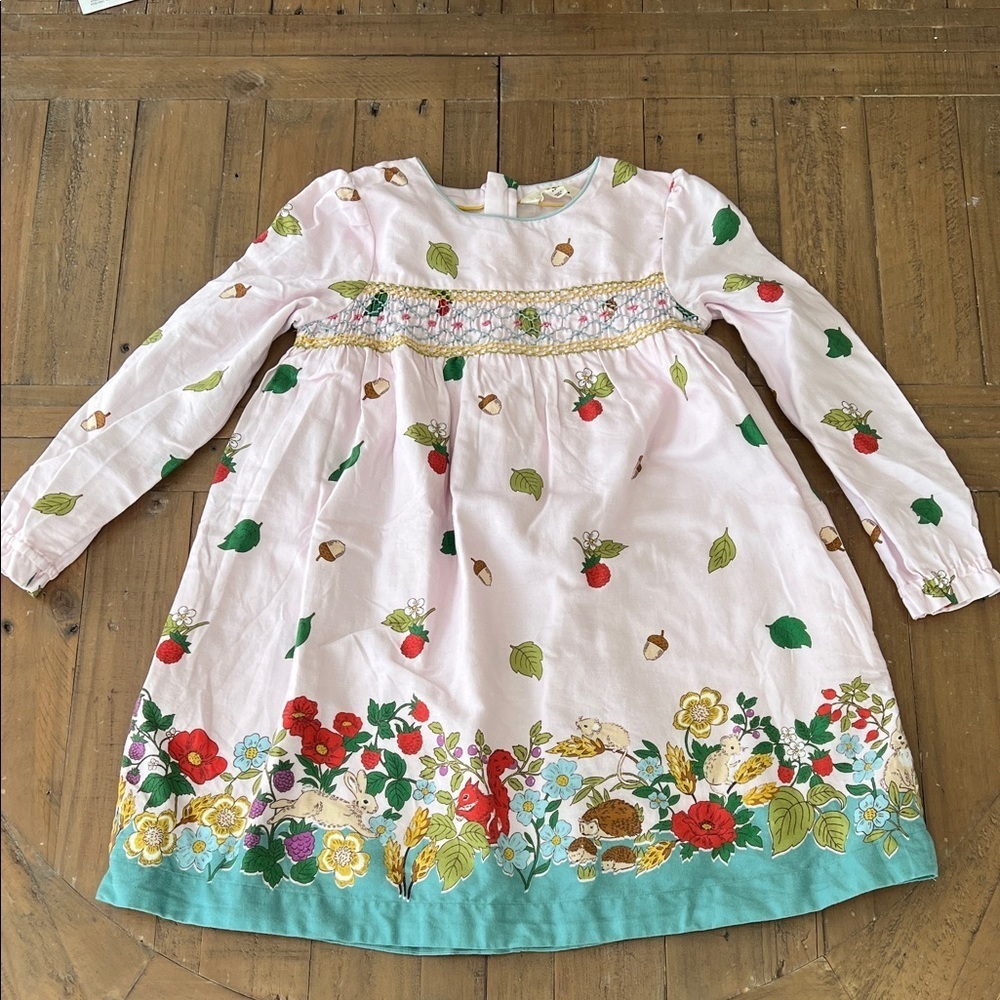 Mini Boden pink woodland animal long sleeve dress 8-9 years